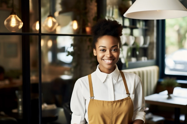 African American woman waiter ready to take orders. Happy and proud young female employee, worker or small business owner of restaurant.