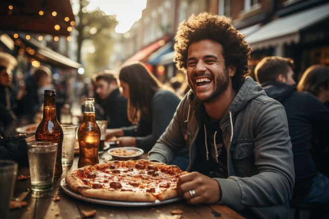 Young people dining and having fun eating italian pizza together - Happy friends eating food at restaurant patio - Youth life style concept on warm evening filter.