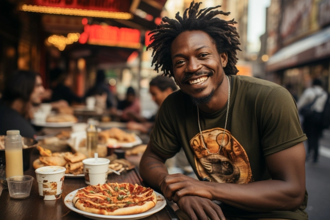 Young smiling African American man eats a pizza at restaurant patio. Fast food concept.