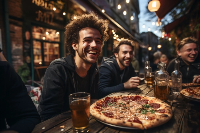 Young people dining and having fun eating italian pizza together - Happy friends eating food at restaurant patio - Youth life style concept on warm evening filter.