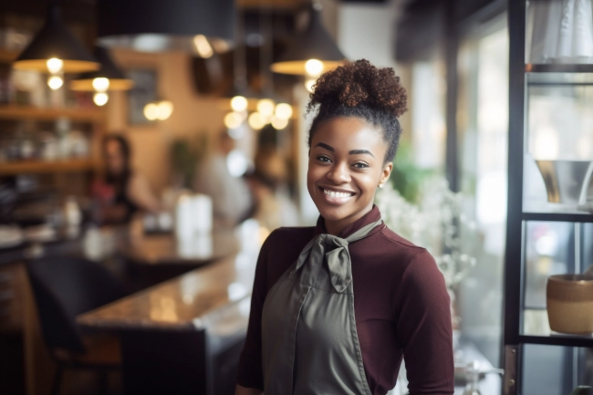 African American woman waiter ready to take orders. Coffee shop, barista and confident, happy and proud young female employee, worker or small business owner of cafeteria.