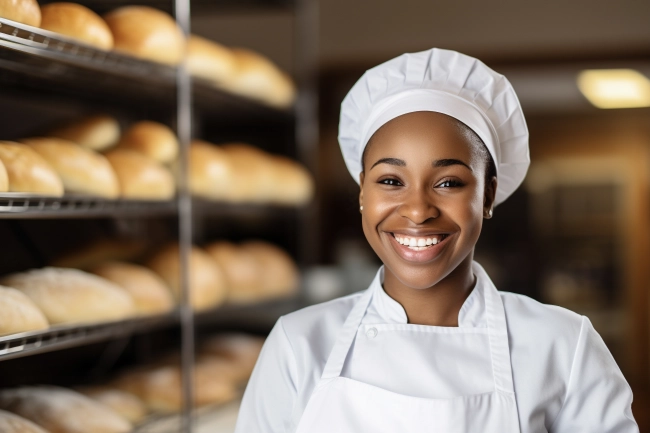 Young female baker standing at workplace on baking manufacture.