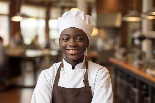 Handsome teen boy wearing chef hat and uniform in the cocolate shop. Novice pastry chef, chocolatier, baker or cook.