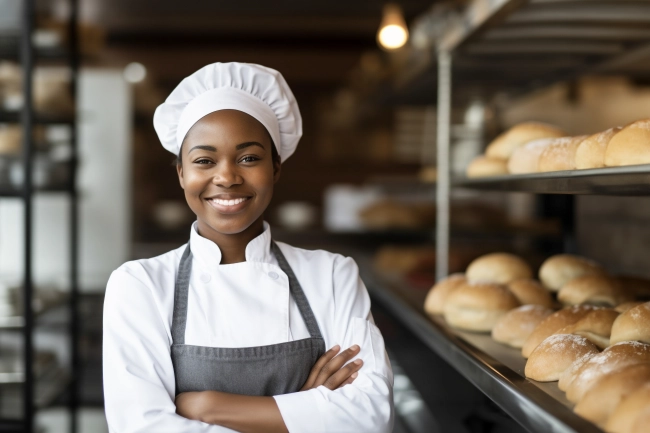 Young female baker standing at workplace on baking manufacture.