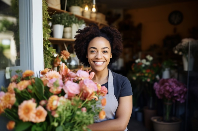 Happy young florist smiling while working in a florist shop. Young small business female owner standing in front of her flower shop.