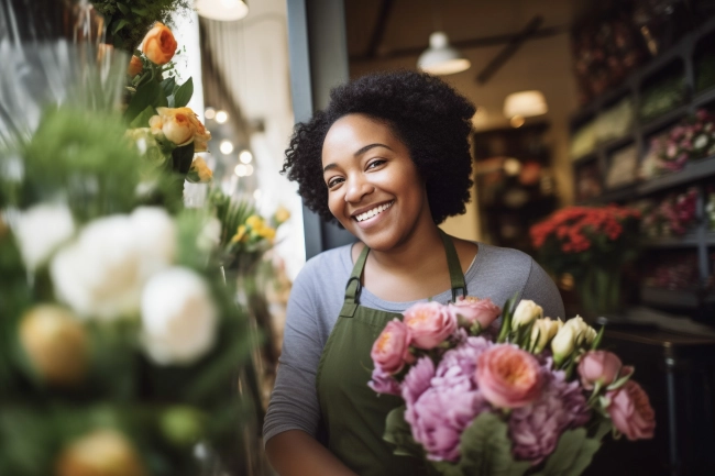 Happy young florist smiling while working in a florist shop. Young small business female owner standing in front of her flower shop.