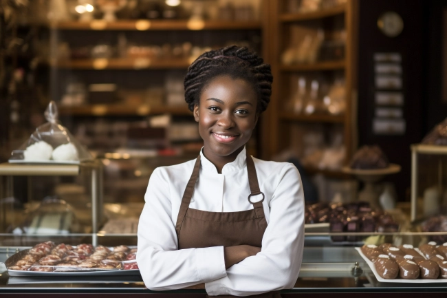 Happy chocolatier standing with crossed arms near tasty chocolate candies. Young woman in chef uniform in the chocolate shop. Professional pastry chef, chocolatier, baker or cook.