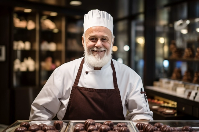 Happy chocolatier in chef hat standing near tasty chocolate candies. Master chef in uniform in the chocolate shop. Professional pastry chef, chocolatier, baker or cook.