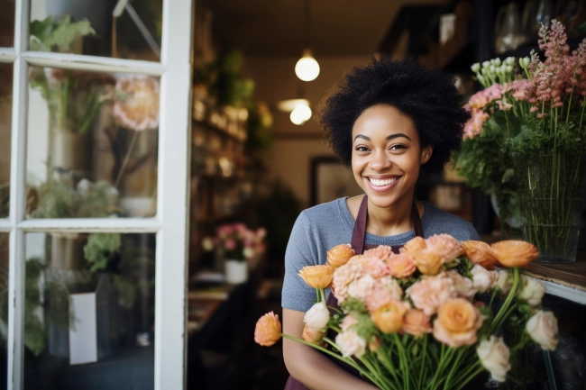 Happy young florist smiling while working in a florist shop. Young small business female owner standing in front of her flower shop.