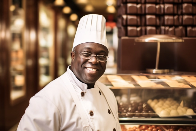 Happy chocolatier in chef hat standing near tasty chocolate candies. Master chef in uniform in the chocolate shop. Professional pastry chef, chocolatier, baker or cook.