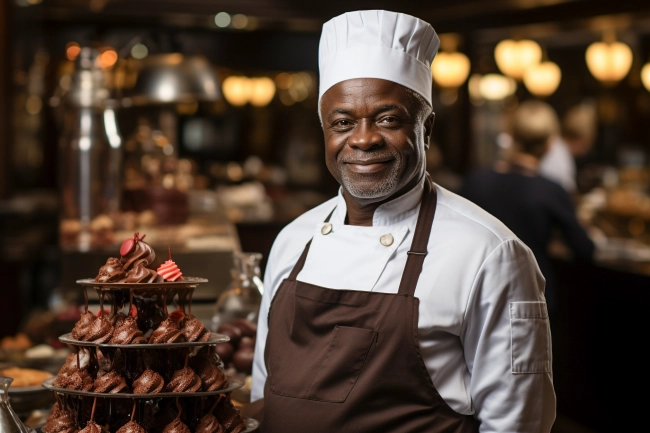 Happy chocolatier in chef hat standing near tasty chocolate candies. Master chef in uniform in the chocolate shop. Professional pastry chef, chocolatier, baker or cook.