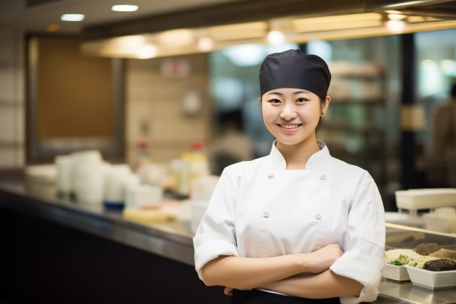 Portrait of a smiling Japanese waiter in uniform. A female chef, an itamae or master sushi chef wearing white jacket and apron in the kitchen.