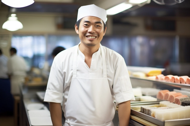 Portrait of a smiling Asian waiter or chef in uniform in restaurant kitchen.