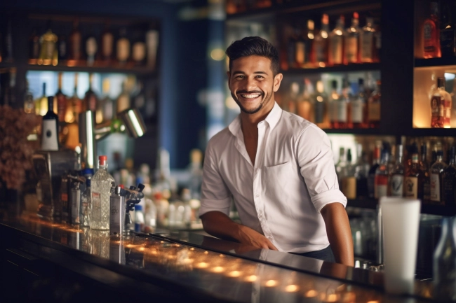 Portrait of happy young man who works as a bartender at bar. Beautiful waiter or small business owner barista bartender standing at the bar counter in restaurant.