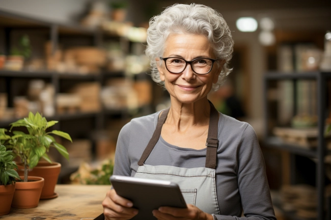 Senior craftswoman with tablet computer in her workshop. Older female small business entrepreneurs concept.