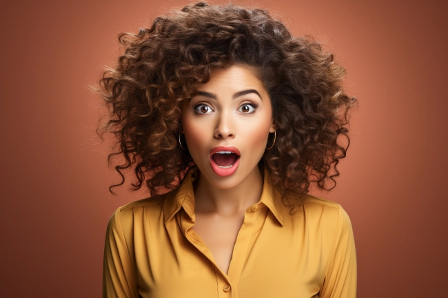 Beautiful young black woman looking at camera in shock against solid background.