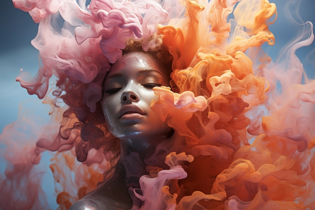 Portrait of beautiful woman with colorful fluid.