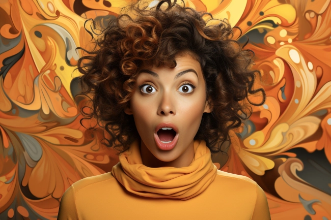 Beautiful young black woman looking at camera in shock against abstract colorful background.