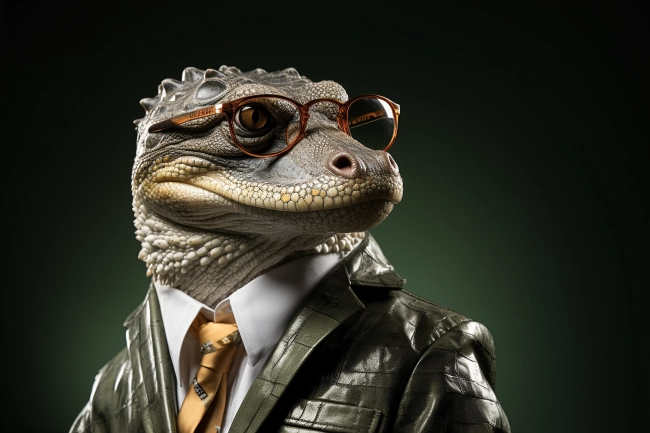 Portrait of alligator with sunglasses wearing leather jacket and tie on solid background. Generative AI.