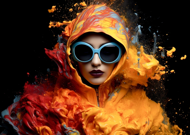 Fashion Portrait of Beautiful Woman Wearing Sunglasses Covered in Vivid Bright Color Paint Splatter.