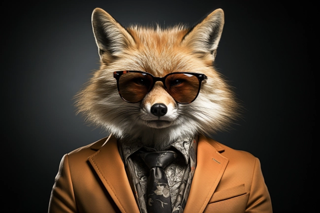 Portrait of red fox with sunglasses wearing suit and tie on solid background.