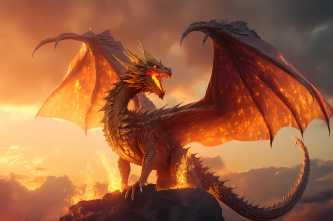 Red dragon sitting on top of the mountain in a majestic pose