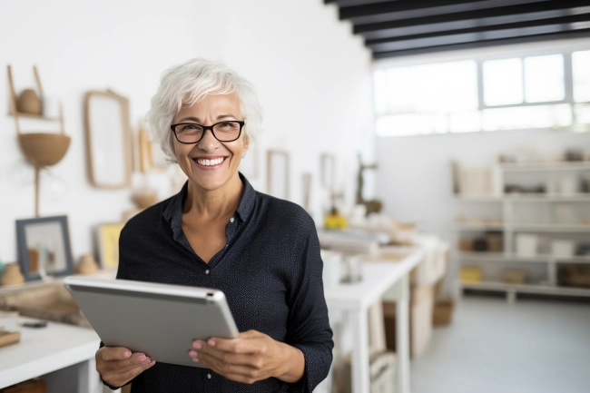 Senior craftswoman with tablet computer in her workshop. Older female small business entrepreneurs concept.