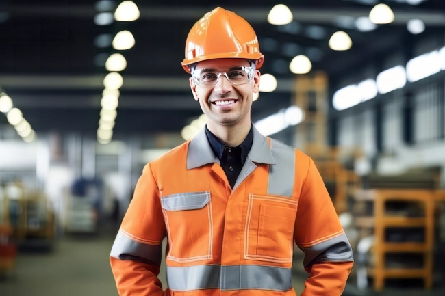 Portrait of Smiling Professional Heavy Industry Engineer. Worker Wearing Safety Uniform, Goggles and Hard Hat. In the Background Unfocused Large Industrial Factory.