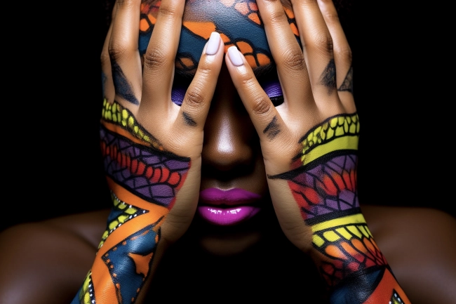 Close-up of african woman with colorful makeup covering her eyes with her hands. Female model with vibrant makeup on black background.