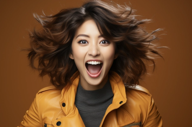 Close up portrait of a happy young Asian girl dressed in leather looking at camera with mouth open isolated over solid color background