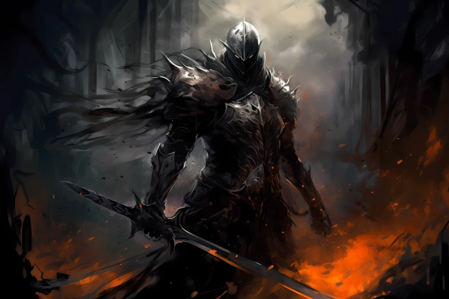 Dark undead knight with burning sword