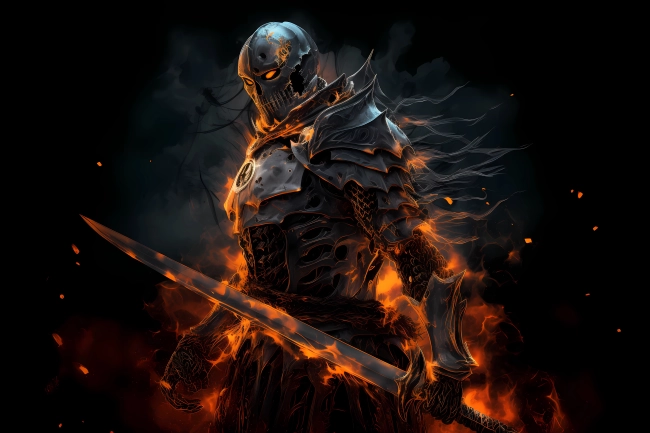 Dark undead knight with burning sword