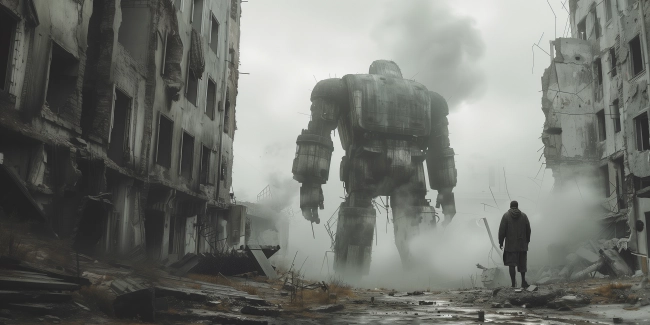 Man and huge robot in ruins of city