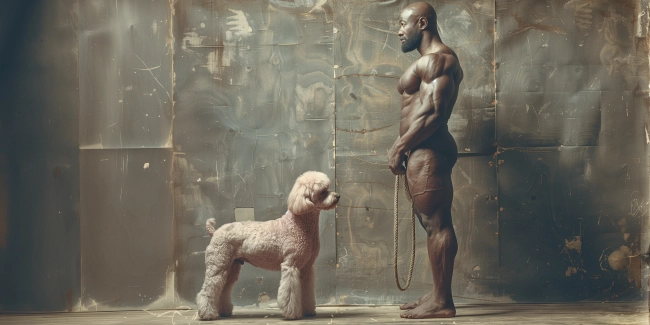 Strong muscled man with poodle