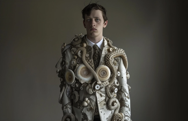 Young man covered with sea mussels and octopus