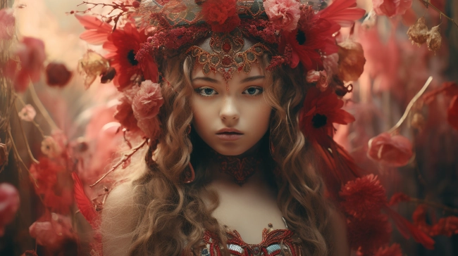 Beautiful young woman in a wreath of red flowers. Beauty, fashion.