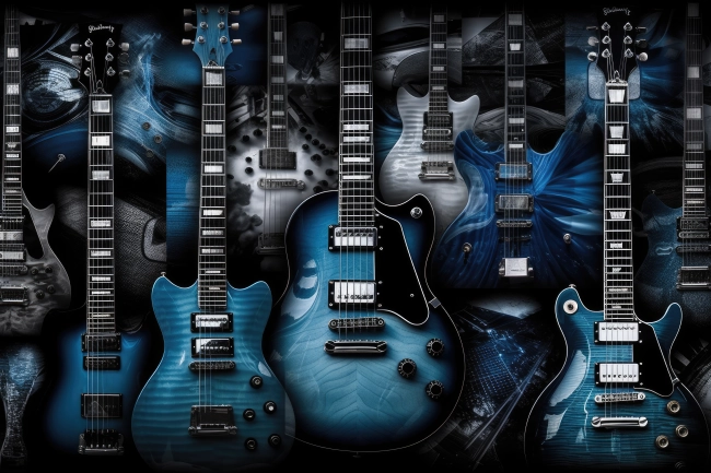 Bunch of blue electric guitars - background