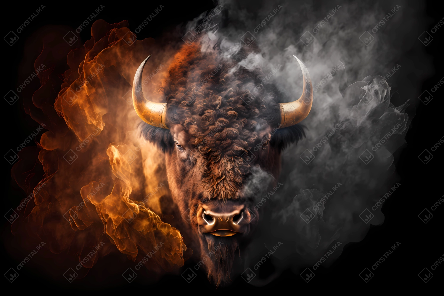 A portrait of a bison with fire and smoke