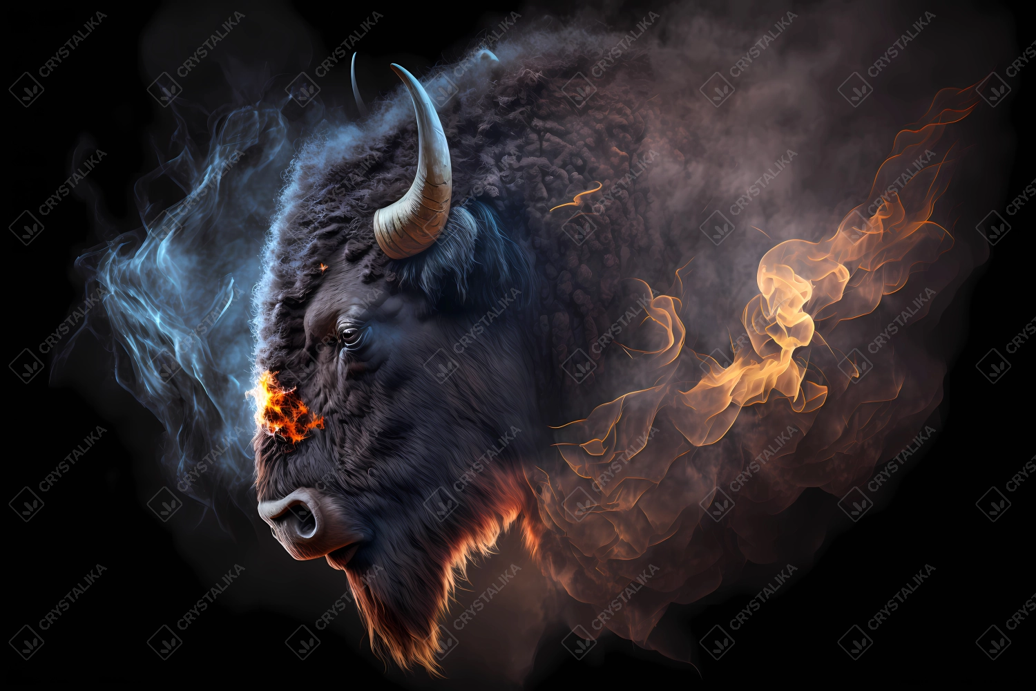 A portrait of a bison with fire and smoke