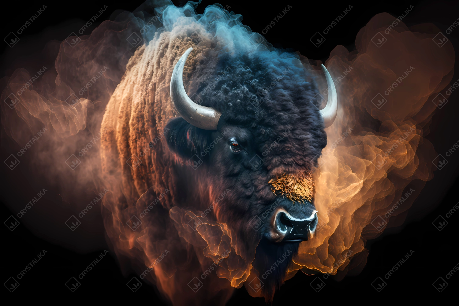 A portrait of a bison with fire and smoke