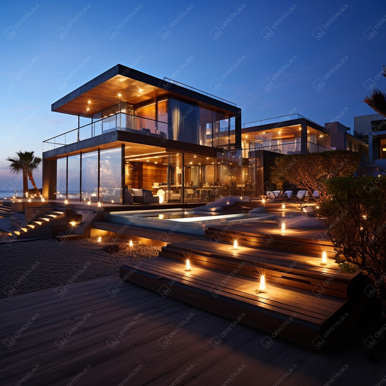 Luxury residence on a summer night beach