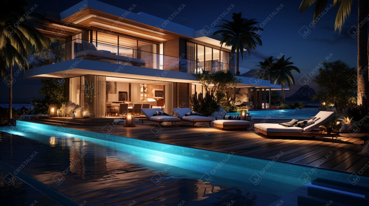 Luxury residence on a summer night beach