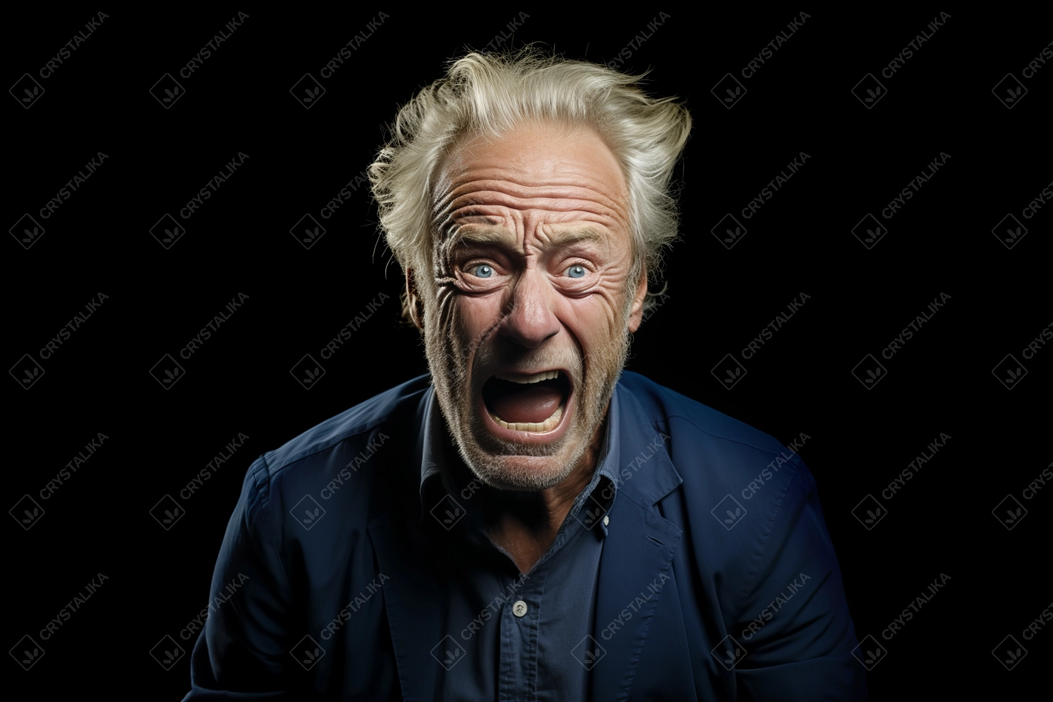 Desperate old man screaming out loud isolated on black background.