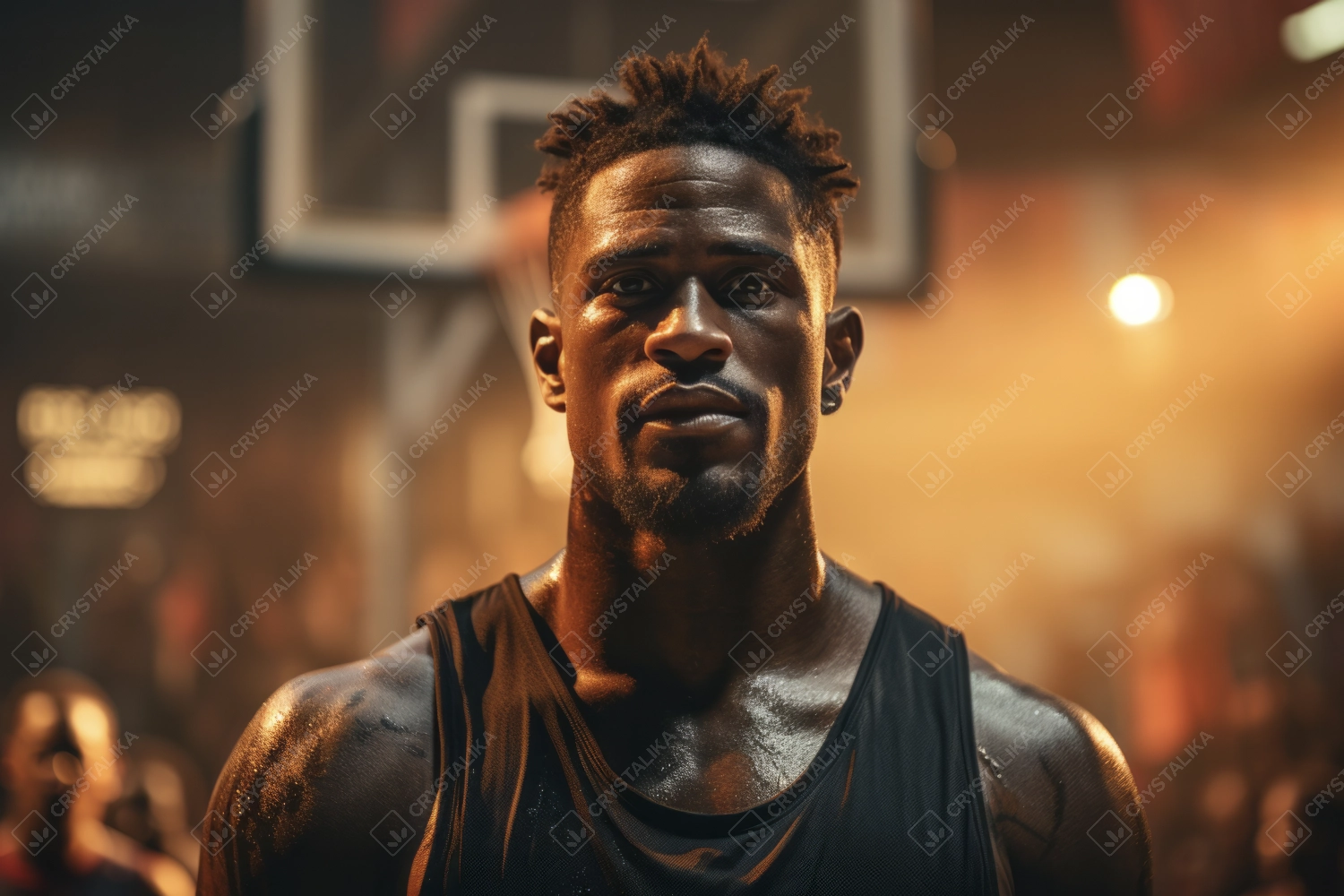 Portrait of sweaty handsome basketball player during the game. Fit young man athlete in sportswear look at camera.