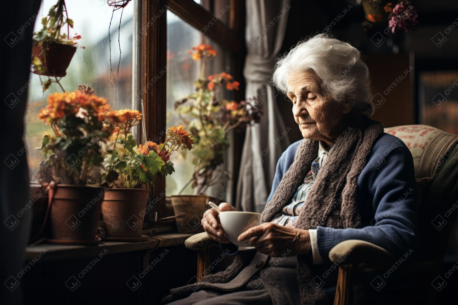 Loneliness concept, old-age depression. Lonely old woman looking sadly out of the window.