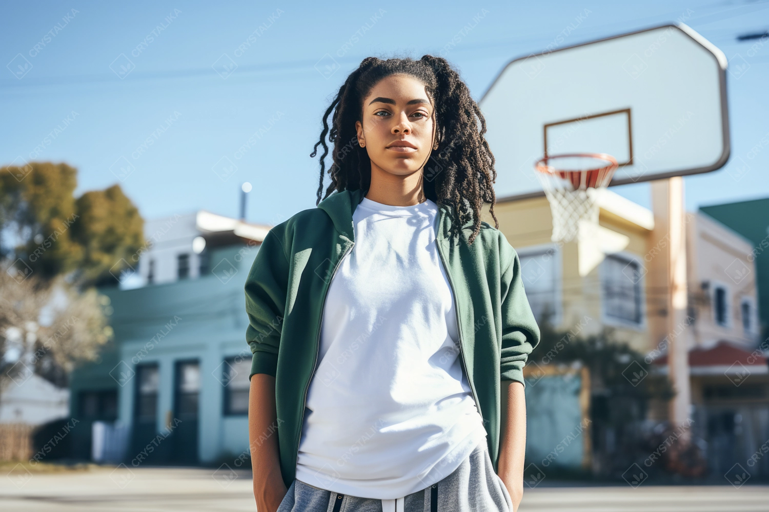 Young black female with afro hairstyle looking at camera while standing in basketball ground.