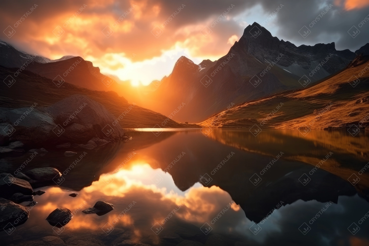 Professional photography of snowy mountains reflecting in a glacial lake