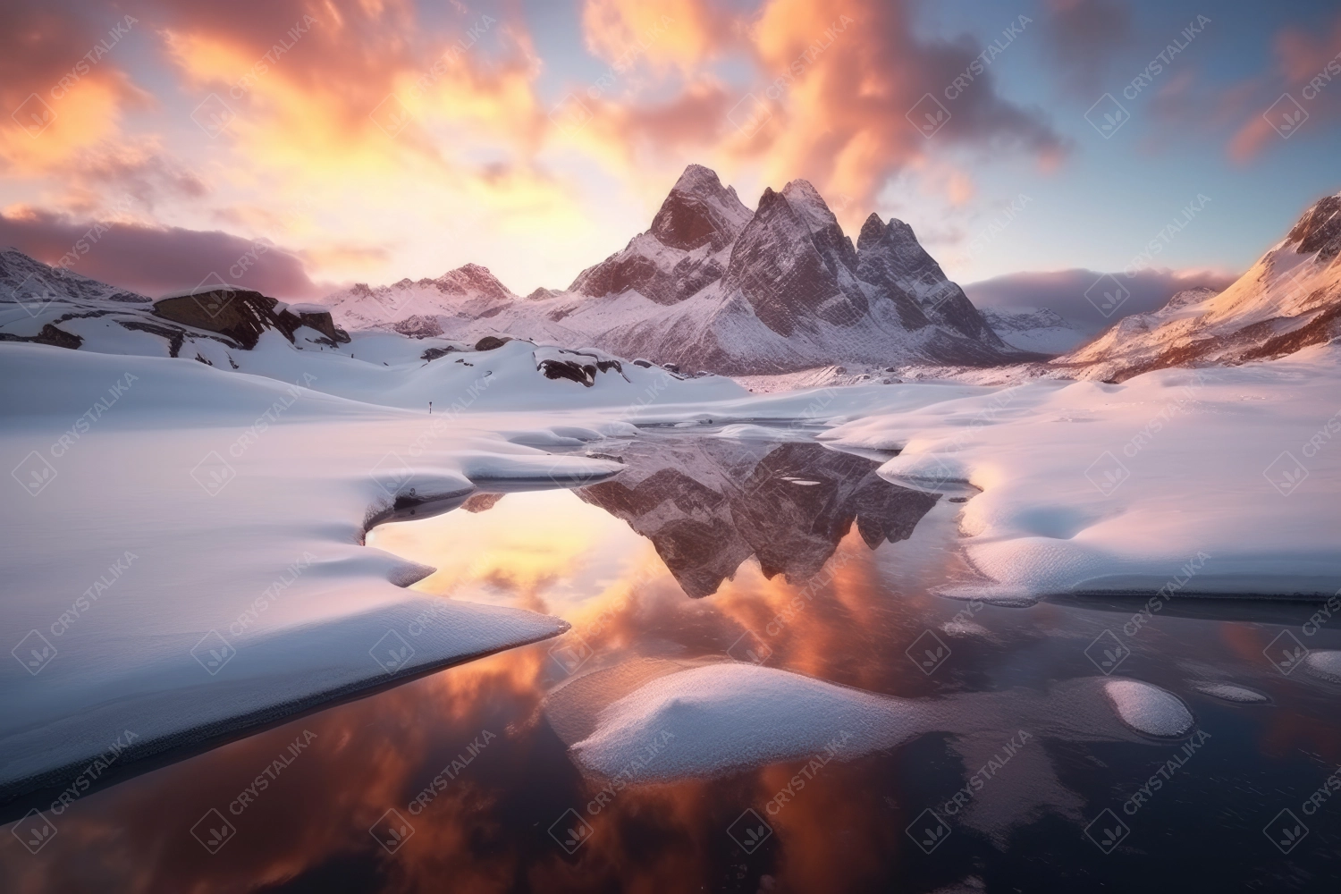 Professional photography of snowy mountains reflecting in a glacial lake