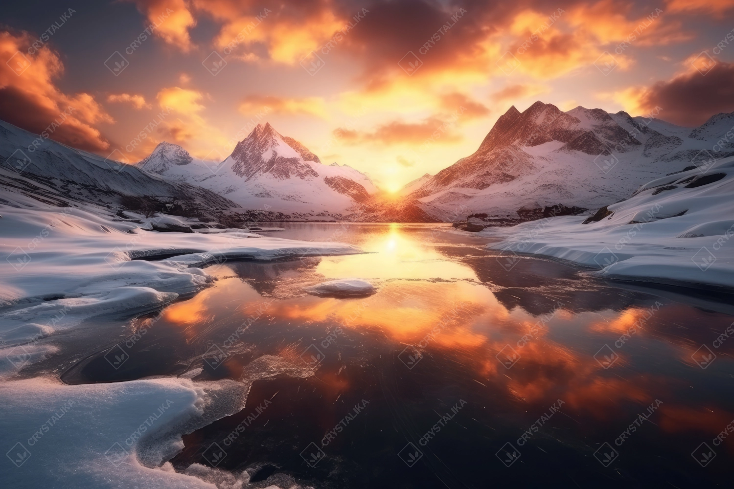 Professional photography of snowy mountains reflecting in a glacial lake