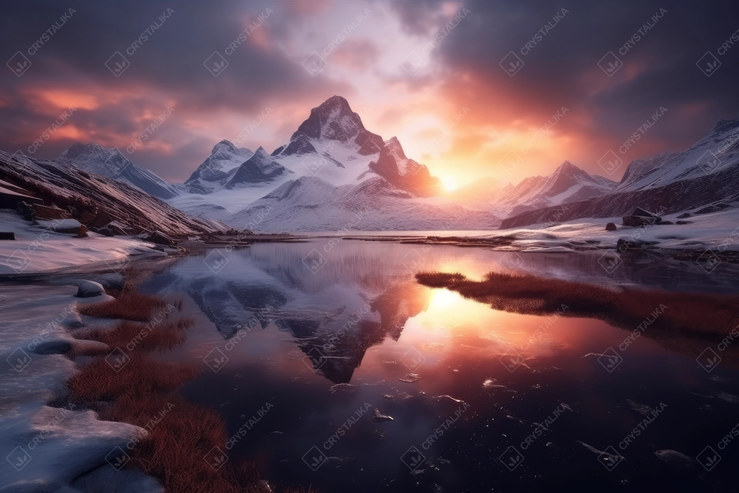 Professional photography of snowy mountains reflecting in a glacial lake